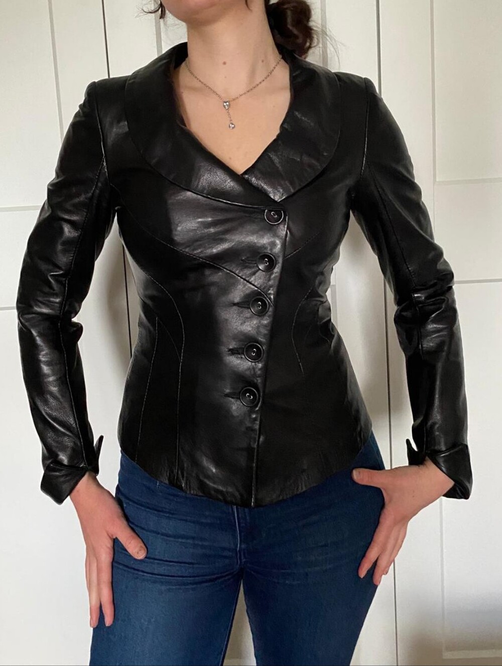 Danier Black Fitted Leather Jacket with Curved Lapel Buttons + Original Hanger